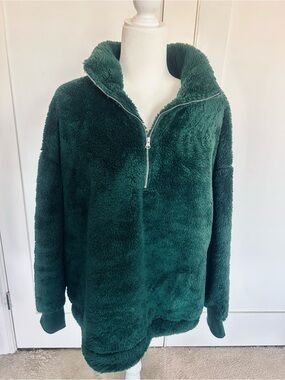 Ann Taylor Loft Plush Half-Zip Teddy Pullover in Deep Forest Green XL